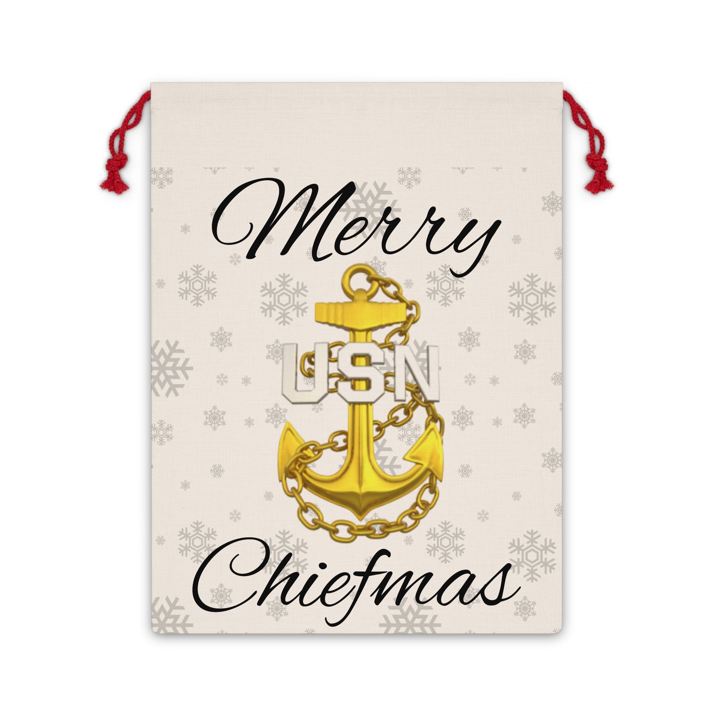 USN Anchor Gift Bag with Snowflake Design - Navy Chief Anchor Christmas Gift Bag, Military-Themed Drawstring Pouch, Navy Retirement Gift